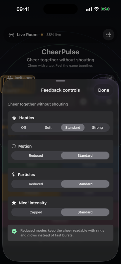 CheerPulse feedback controls for haptics, motion, particles, and Nice intensity