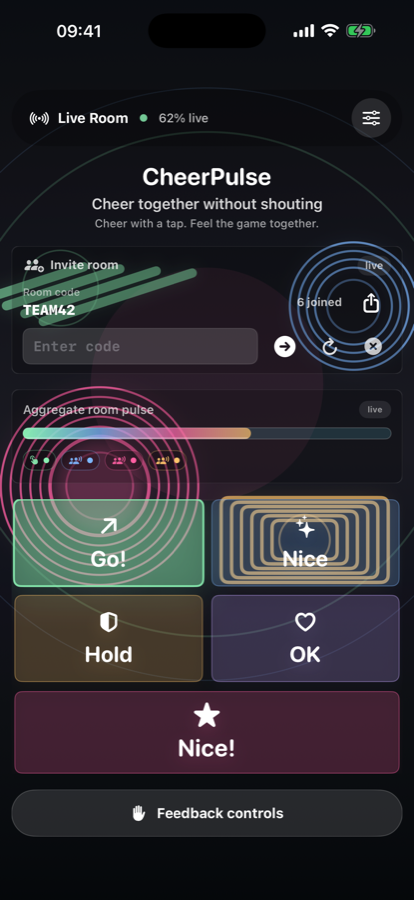 CheerPulse live room with invite code, room pulse, and five cheer controls