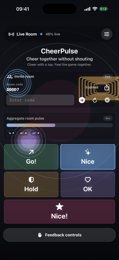 CheerPulse room showing colorful shared reactions across the five cheer buttons